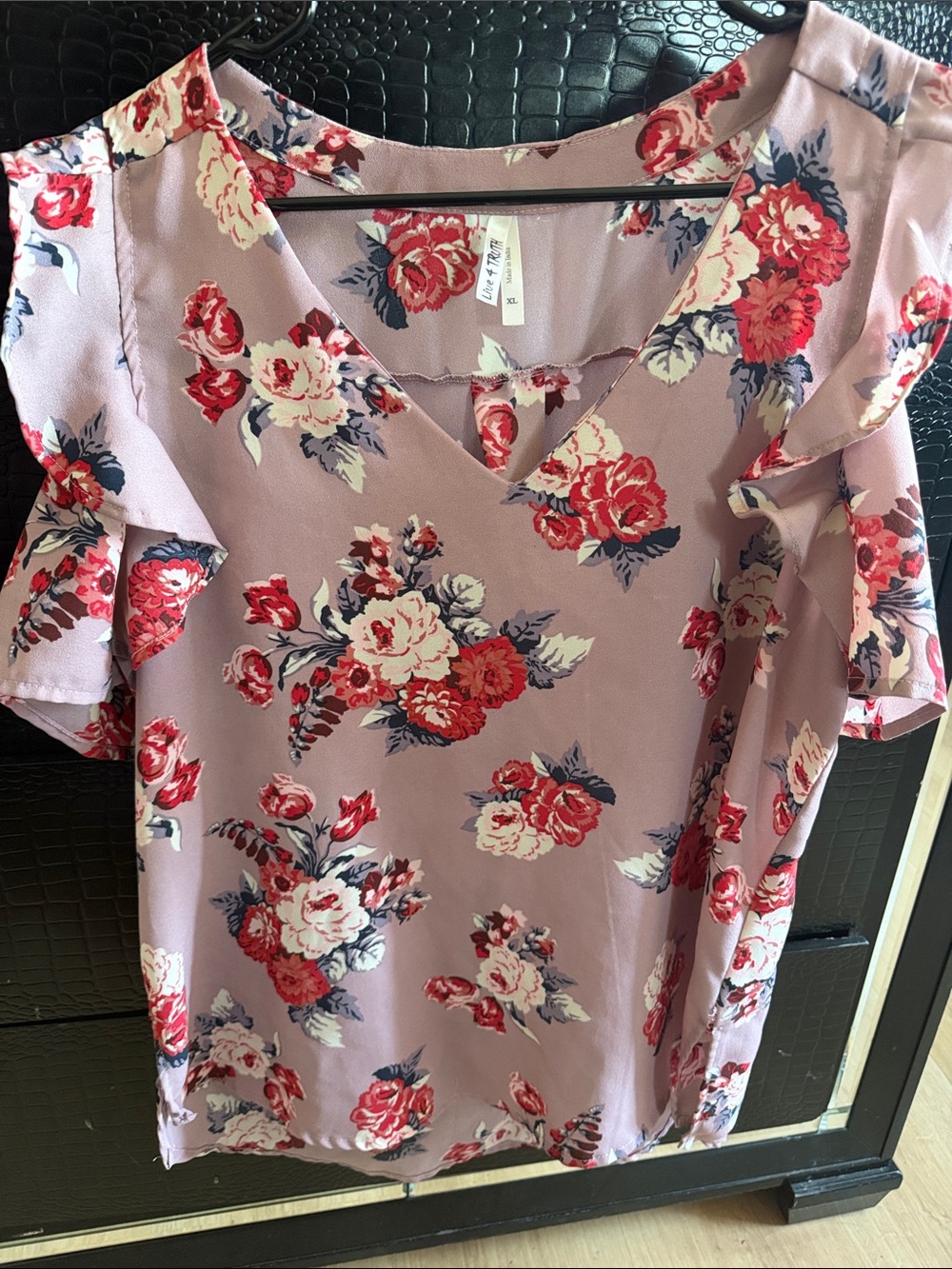 SHEIN Mauve Floral V-Neck Ruffle Sleeve Blouse with Red Accents